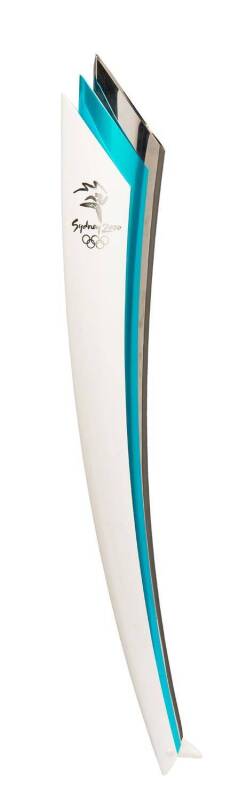 2000 SYDNEY OLYMPIC TORCH, aluminium and stainless steel, curved, 78cm tall. Used in torch relay.