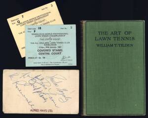 August 1967 Wimbledon World Professional Lawn Tennis Championship tickets (2); envelope with 5 signatures - Rod Laver, Ken Rosewall, Lew Hoad, Pancho Gonzalez & Jack Kramer; plus book "The Art of Lawn Tennis" by William Tilden [London, 1935].