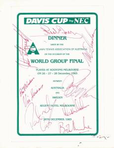 1983 DAVIS CUP: Dinner menu with 8 signatures - Neale Fraser, John Fitzgerald, Vic Seixas, Pat Cash, Bob Hawke, Wally Masur, John Newcombe & Mark Edmonson.