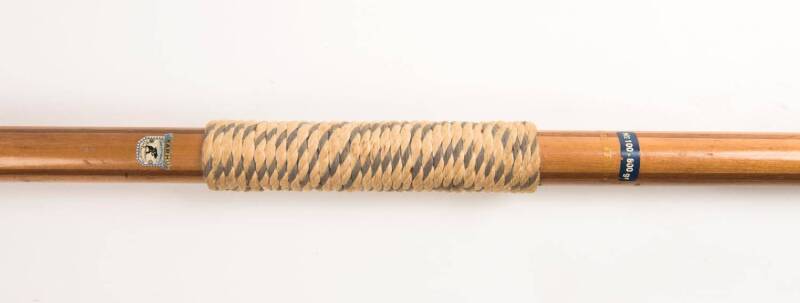 JAVELIN, 2.7 metres long, wood (Hickory) with metal tip and handle of blue & white binding, used in the warm-up for the final. Markings include "No.101 - 800gr" and "Kahru" label, made in Finland.