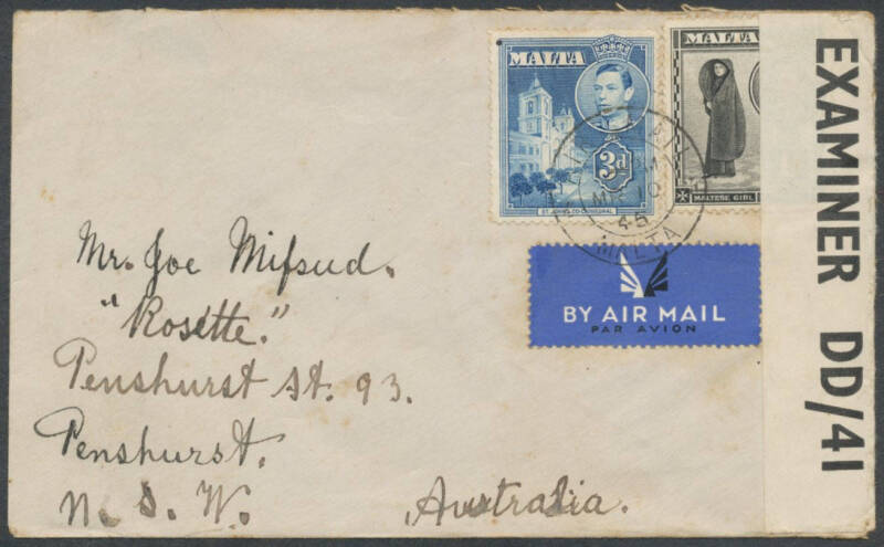 Malta postal history with WWI POW covers with boxed 'FREE/FROM/PRISONER/OF WAR' h/s or oval types Numbers 2 3 & 4, then KGVI frankings to NSW mostly registered including four censored WWII items, 1948 with 2d x2 & 2/6d plus 'BUY/A MALTA GOVT/LOTTERY TICKE