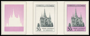 THEMATICS: Colombia 1952 Cathedral of Manizales Courvoisier imperforate colour separations for 23c & 30c denominations in various shades, all affixed to the official Archival album pages [#102, 118 & 119] dated 11/7/1951 & 26/3/1952. (30 proofs)