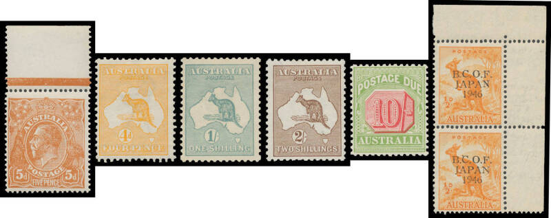 Collection on American pages with Kangaroos First Wmk to 1/-, Second Wmk 2d 2½d 6d & 1/-, Third Wmk to 2/- brown & 2/- maroon plus 2½d with the Watermark Inverted, 6d brown with Broken Leg & 1/- with the Watermark Sideways, and SMult Wmk to 2/-; Engraved