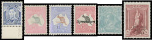 Above-average collection in Seven Seas hingeless album with Kangaroos First Wmk to &pound;1 plus 'Specimen' trio, KGV Heads complete (the 1d red Die II is creased), ANZAC & Jubilee sets, condition a bit variable but generally fine to very fine; then 1937-65 iss