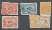 Selection comprising Kangaroos 4d and 5d, KGV Single Wmk 1d red block of 4 & 4d orange x7 (including a block of 6), Kookaburra M/S, Bridge set & Robes Thin Paper 5/- imprint block of 4. (21 + MS) - 2