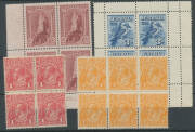 Selection comprising Kangaroos 4d and 5d, KGV Single Wmk 1d red block of 4 & 4d orange x7 (including a block of 6), Kookaburra M/S, Bridge set & Robes Thin Paper 5/- imprint block of 4. (21 + MS) - 3