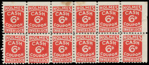 "CINDERELLAS": Australia c.1920s (?) 'HOLMES/CASH/6D/COUPON/INVERLOCH' (Gippsland, Victoria) red/white corner block of 12 (6x2) from the upper-right of the sheet, a few faults, large-part o.g. Not previously seen by us.