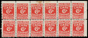 "CINDERELLAS": Australia c.1920s (?) 'HOLMES/CASH/6D/COUPON/INVERLOCH' (Gippsland, Victoria) red/white corner block of 12 (6x2) from the upper-right of the sheet, a few faults, large-part o.g. Not previously seen by us.
