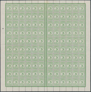 1z ½d green BW #1 complete sheet of 120 from Plate 1 with No Monogram positions on the left & right panes BW #(1)z & za and varieties at Retouch to Shading over first 'N' of 'PENNY' [L58], Clubbed Foot on Second 'N' of 'PENNY' [R13], Coral Reef off NSW Co