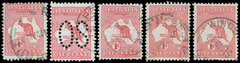 2 1d red group including Die II with Sideways Wmk and pair with Inverted Wmk, '1' Flaw West of Tasmania (Advanced State) BW #2(B)fa perf Large 'OS', Two Tasmanias #3(E)d & Substitution (Nick in Lower-Left Frame) #3(E)da, White Flaw over 'N' of 'ONE' #3(F)