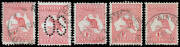 2 1d red group including Die II with Sideways Wmk and pair with Inverted Wmk, '1' Flaw West of Tasmania (Advanced State) BW #2(B)fa perf Large 'OS', Two Tasmanias #3(E)d & Substitution (Nick in Lower-Left Frame) #3(E)da, White Flaw over 'N' of 'ONE' #3(F)