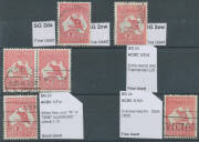 2 1d red group including Die II with Sideways Wmk and pair with Inverted Wmk, '1' Flaw West of Tasmania (Advanced State) BW #2(B)fa perf Large 'OS', Two Tasmanias #3(E)d & Substitution (Nick in Lower-Left Frame) #3(E)da, White Flaw over 'N' of 'ONE' #3(F) - 2