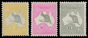 1/- (a couple of short perfs), 2/- maroon (regummed), 5/-, 10/- & &pound;1 grey (a few short perfs), very lightly mounted, Cat $2300. Advertised retail $2350. (5)