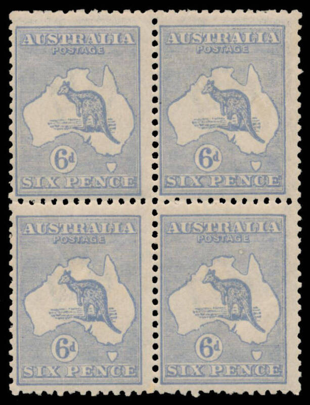 20(3)d Harrison Plates 6d pale ultramarine Die IIB with Broken Leg on Kangaroo BW #20(3)d being the second unit in a block of 4, characteristic centring for this variety, very lightly mounted, Cat $3100+.