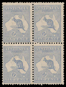 20(3)d Harrison Plates 6d pale ultramarine Die IIB with Broken Leg on Kangaroo BW #20(3)d being the second unit in a block of 4, characteristic centring for this variety, very lightly mounted, Cat $3100+.