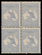 20(3)d Harrison Plates 6d pale ultramarine Die IIB with Broken Leg on Kangaroo BW #20(3)d being the second unit in a block of 4, characteristic centring for this variety, very lightly mounted, Cat $3100+.