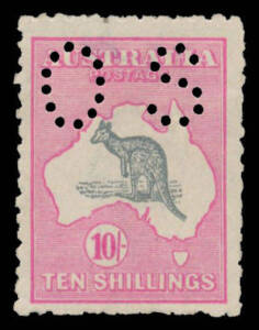 os - 10/- grey & deep "aniline" pink with the Watermark Inverted BW #48Ba, characteristic rough perfs, small thin, Cat $5400 (perf 'OS' varieties are priced at 120% of normal stamps). A rare stamp that was absent from Arthur Gray's collection. [ACSC state