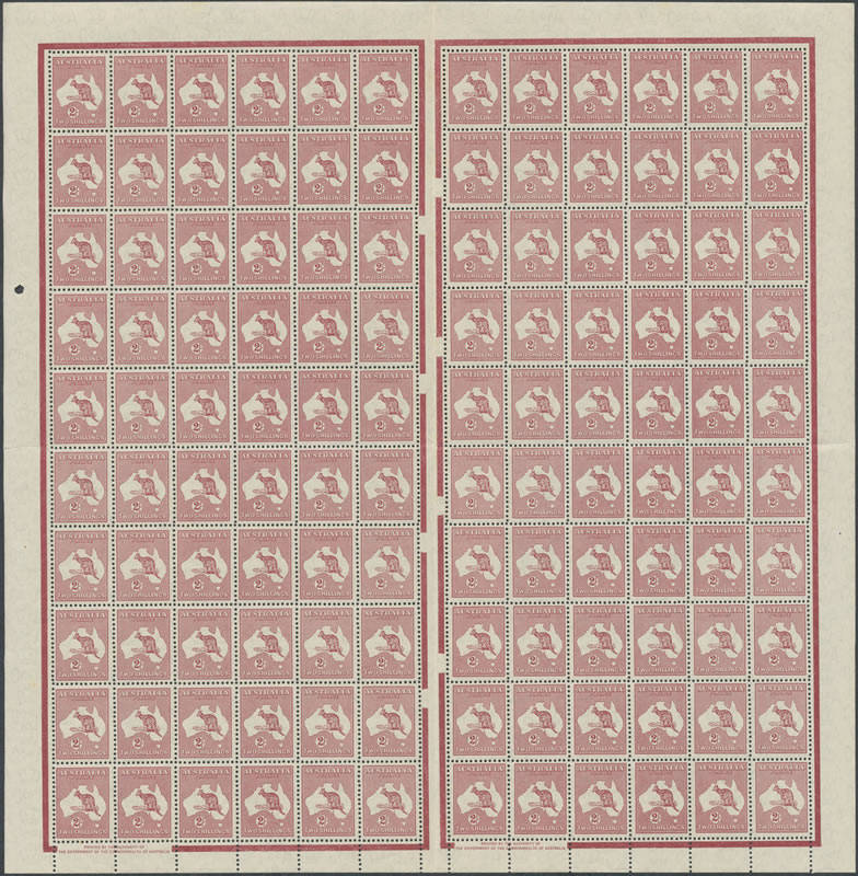 41 2/- maroon Redrawn Die complete sheet of 120 (12x10) with Gutter 14mm Wide, Authority Imprints and varieties White Scratch from Left Frame to Map and White Scratch through Kangaroo BW #41f & g but before appearance of White Flaw on Kangaroo #41e, unmou