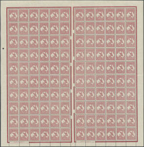 41 2/- maroon Redrawn Die complete sheet of 120 (12x10) with Gutter 14mm Wide, Authority Imprints and varieties White Scratch from Left Frame to Map and White Scratch through Kangaroo BW #41f & g but before appearance of White Flaw on Kangaroo #41e, unmou