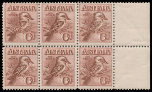 2 6d Kookaburra marginal block of 6 (3x2) from the right of the sheet, three units are aunmounted, Cat $1050.