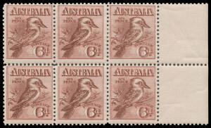 2 6d Kookaburra marginal block of 6 (3x2) from the right of the sheet, three units are aunmounted, Cat $1050.
