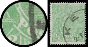 63(2)j ½d green with Cracked Electro through 'P' of 'POSTAGE' BW #63(2)j, superb 'KEW' (Vic) cds, Cat $2250.