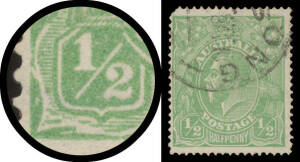 63(3)h ½d green with Cracked Electro at Lower-Left Corner BW #63(3)h, rounded corner at upper-left, Geelong (Vic) cds clear of the variety, Cat $2000.
