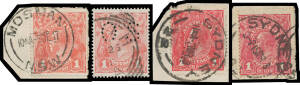 69 1d red selection of better shades comprising Smooth Paper BW #71B Die II, #71P x2, #71Q x2 (one with Dry Ink & perf 'OS', & #71T with Thin 'ONE PENNY'; and Rough Paper #72E x2, #72i x2, #72J, #72K, #72O & #72R, several are on piece, Cat $2100+. Each wi