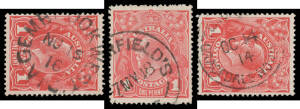70 1d red collection of dated examples in two very fine Gibbons "Devon" albums, from JL27/1914 to 31DE18 providing a clear picture of the appearance & disappearance of the numerous shades, plus three pages of random 1914 dates, personal assessment of the 