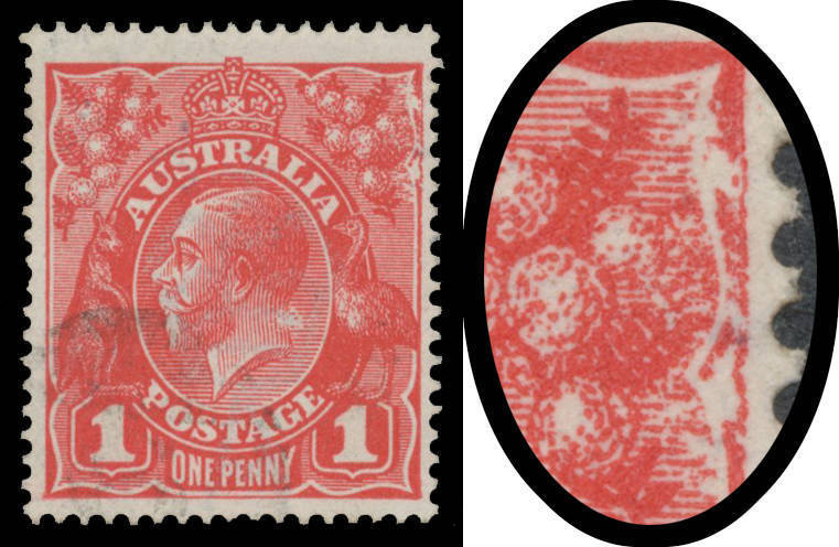 71(2)j Smooth Paper 1d carmine Pre-Substituted Cliché (Rust Flaws at Upper-Right, on King's Neck & Emu's Breast BW #71(2)j, very light cancel well clear of the affected areas, Cat $750. One of the finest examples we have seen.