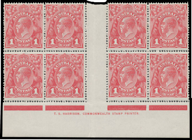 71(4)zj Smooth Paper 1d carmine-red Plate 4 Harrison One-Line Imprint block of 8 with Ferns (Second State) & 'RA' Joined BW #71(4)zj, well centred for an imprint block, unmounted, Cat $1000+ (mounted).