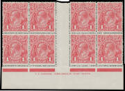 71(4)zj Smooth Paper 1d carmine-red Plate 4 Harrison One-Line Imprint block of 8 with Ferns (Second State) & 'RA' Joined BW #71(4)zj, well centred for an imprint block, unmounted, Cat $1000+ (mounted).