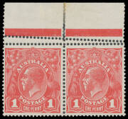 71ba Smooth Paper 1d carmine marginal pair from the top of the sheet with Double Perfs at Top BW #71ba, hinge remainders in the margin but both stamps are unmounted, Cat $700+ (mounted).