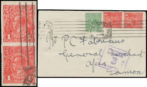 71zz Smooth Paper 1d red vertical "pair" with characteristic slightly trimmed perfs at right and an unmistakable COIL JOIN between the units + LMult Wmk &frac12;d green tied to commercial cover to Samoa by Sydney machine cancellation, Samoa censor h/s in violet.