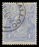 113Ba Harrison Plates 4d dull ultramarine with the Watermark Inverted BW #113Ba, neat 'MORDIALLOC/4FE24/VIC' cds, Cat $1000. [An example with the same cds but of 27MR24 sold at the Prestige auction of 17/8/2012 for $748]