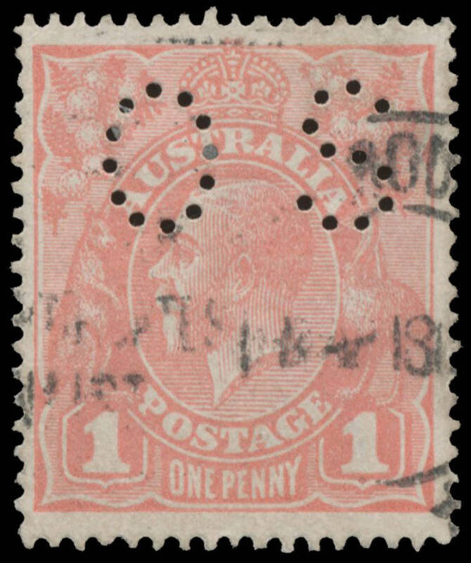 os PUNCTURED 'OS': 1d salmon eosin BW #71Sabb, very well centred, trivial blemishes, untidy Melbourne machine cancellation, Cat $4000. Michael Drury Certificate (2001).