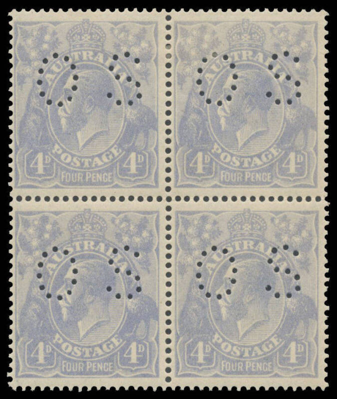 os - 4d dull blue BW #112Cb block of 4, well centred, even yellowing of the gum, the lower units are unmounted, Cat $950+.