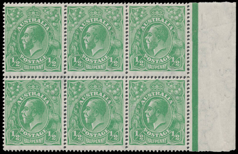 65ac ½d green Thin Paper BW #65ac marginal blocks of 4 x2 both with Broken Lower-Left Corner #65(7)d & block of 6 (3x2) with White Flaw behind Roo's Head #65(7)k, ten units are unmounted, Cat $3300++. (3 blocks)