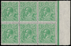 65ac &frac12;d green Thin Paper BW #65ac marginal blocks of 4 x2 both with Broken Lower-Left Corner #65(7)d & block of 6 (3x2) with White Flaw behind Roo's Head #65(7)k, ten units are unmounted, Cat $3300++. (3 blocks)