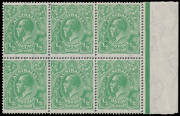 65ac ½d green Thin Paper BW #65ac marginal blocks of 4 x2 both with Broken Lower-Left Corner #65(7)d & block of 6 (3x2) with White Flaw behind Roo's Head #65(7)k, ten units are unmounted, Cat $3300++. (3 blocks)