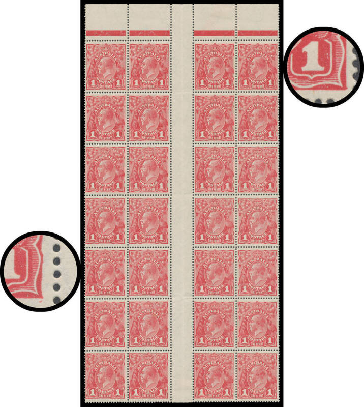 74 Harrison Printings 1d red BW #74 gutter block of 28 (4x7) from Pane V [5-6/41-42] & Pane VI [1-2/37-38] with Damaged Frame at Lower-Right BW #74(3)g & Colour Spot at Lower-Right #74(3)L, most units - including the varieties - are unmounted, Cat $2400+.