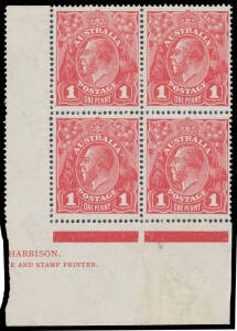 74(4)z Harrison Printings 1d red block of 4 from the base of the right-hand pane with Roo's Tongue Out BW #74(4)u & part TS Harrsion Two Line Imprint, well centred, the upper units very lightly mounted, the lower units unmounted, Cat $325 (mounted) for th