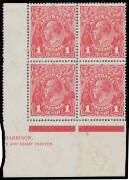 74(4)z Harrison Printings 1d red block of 4 from the base of the right-hand pane with Roo's Tongue Out BW #74(4)u & part TS Harrsion Two Line Imprint, well centred, the upper units very lightly mounted, the lower units unmounted, Cat $325 (mounted) for th