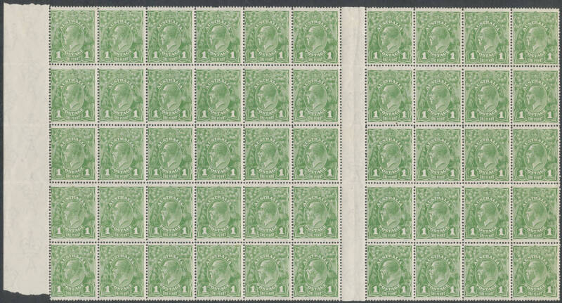 78(3) 1d green inter-panneau block of 50 (10x5) with Damaged Lower-Right Frame & Break in Left-Hand Frame near the Top BW #78(3)g & h, generally well centred, a few minor separations & a few minor blemishes, unmounted, Cat $1500++.