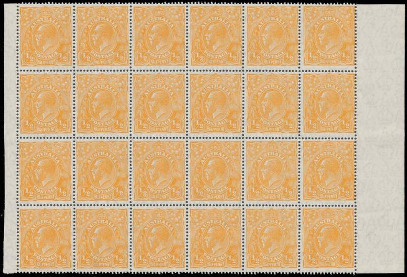 67(8) ½d orange Electro 8 marginal blocks of 24 (6x4) x2 - one with some tonespots - or 18 (6x3) with varieties BW #67(8)d i j p r & t, most units are unmounted, Cat $1320++. (3 blocks)