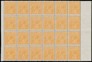 67(8) &frac12;d orange Electro 8 marginal blocks of 24 (6x4) x2 - one with some tonespots - or 18 (6x3) with varieties BW #67(8)d i j p r & t, most units are unmounted, Cat $1320++. (3 blocks)