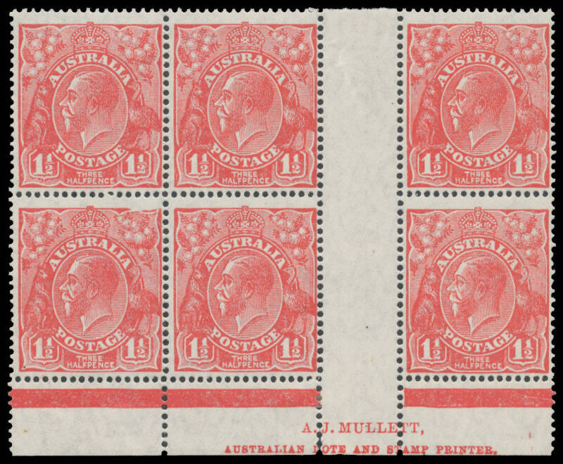 91(2)zg 1½d scarlet Plate 2 AJ Mullett Imprint block of 6 (3x2) with Fifth Correction to the Void Corner at Upper-Left BW #91(2)zg, the second unit with White Scratch in Front of King #91(2)f, five units are unmounted, Cat $450+ (mounted).