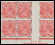 91(2)zg 1½d scarlet Plate 2 AJ Mullett Imprint block of 6 (3x2) with Fifth Correction to the Void Corner at Upper-Left BW #91(2)zg, the second unit with White Scratch in Front of King #91(2)f, five units are unmounted, Cat $450+ (mounted).