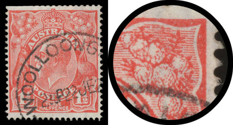 91(4)ha 1½d scarlet Plate 4 with Duplicated Shading above Wattles at Upper-Right BW #91(4)ha, well centred, a few trimmed perfs at upper-left, Wollongong (NSW) cds well clear of the variety, Cat $1000.