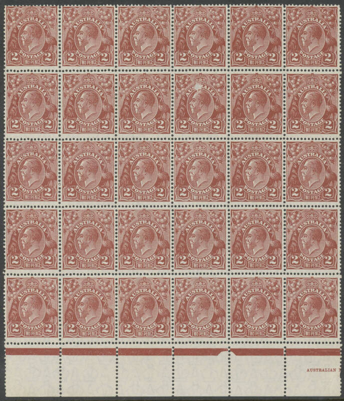 99 2d red-brown block of 30 from the lower-left of the sheet with Horned Emu and Irregular Left-Hand Frame BW #99(2)d & e, well centred, one normal unit with a surface abrasion, most units - including both varieties - are unmounted, Cat $600++.